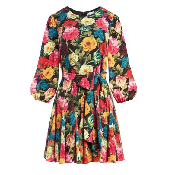 NWT Alice + Olivia Mina Floral Puff Sleeve Godet Dress with Belt - Picture 2 of 5